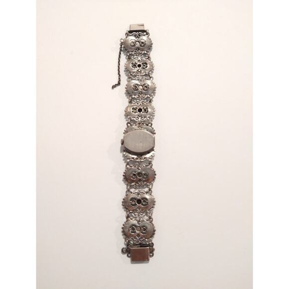 Antique Women`s Wrist Watch Bergland Filigree Sterling Silver Pearls Garnets - Picture 10 of 16